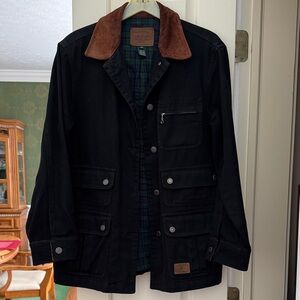 Ralph Lauren Black Utility Jacket with Suede Brown Collar and Cuffs